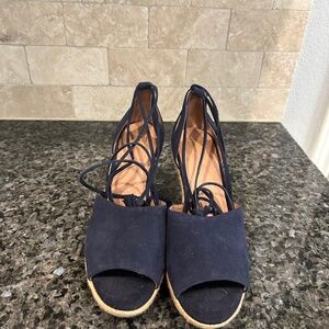 Cabi Navy Lace Up Suede Wedge Heels
